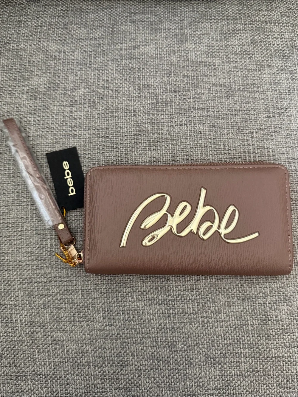 bebe Gianna Zip-Around Wristlet Wallet in Taupe with Gold Script Logo Brand New
